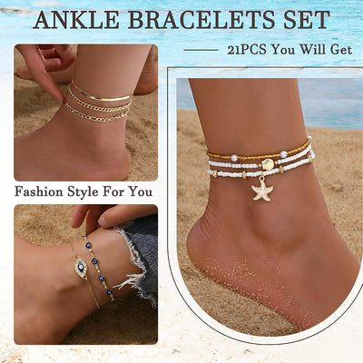 Gold Anklet Set — 21 Pieces, Adjustable Layered
