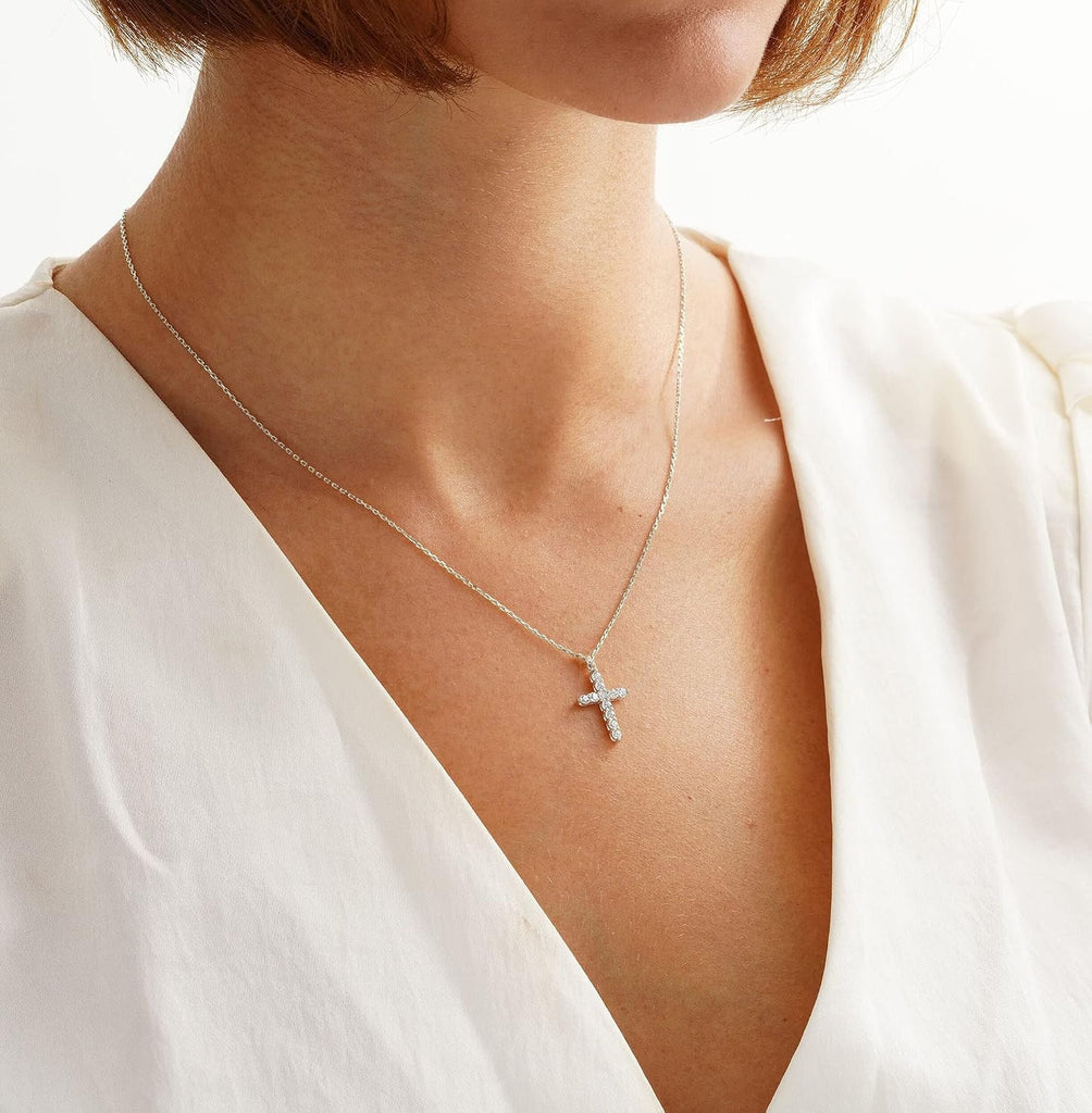 Sterling Silver Plated Diamond CZ Cross Necklace – view 4