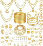 90-Piece Gold Jewelry Set — 22 Earrings, 35 Rings & More