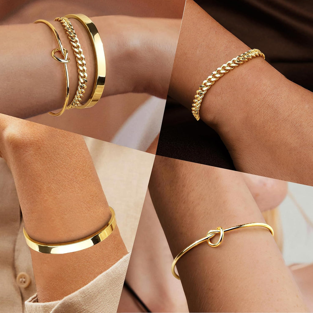 Gold Bangle Cuff Bracelet for Women, Dainty 14K Gold Cuban Forever Love Knot Infinity Bracelets for Women, Simple Link Chain