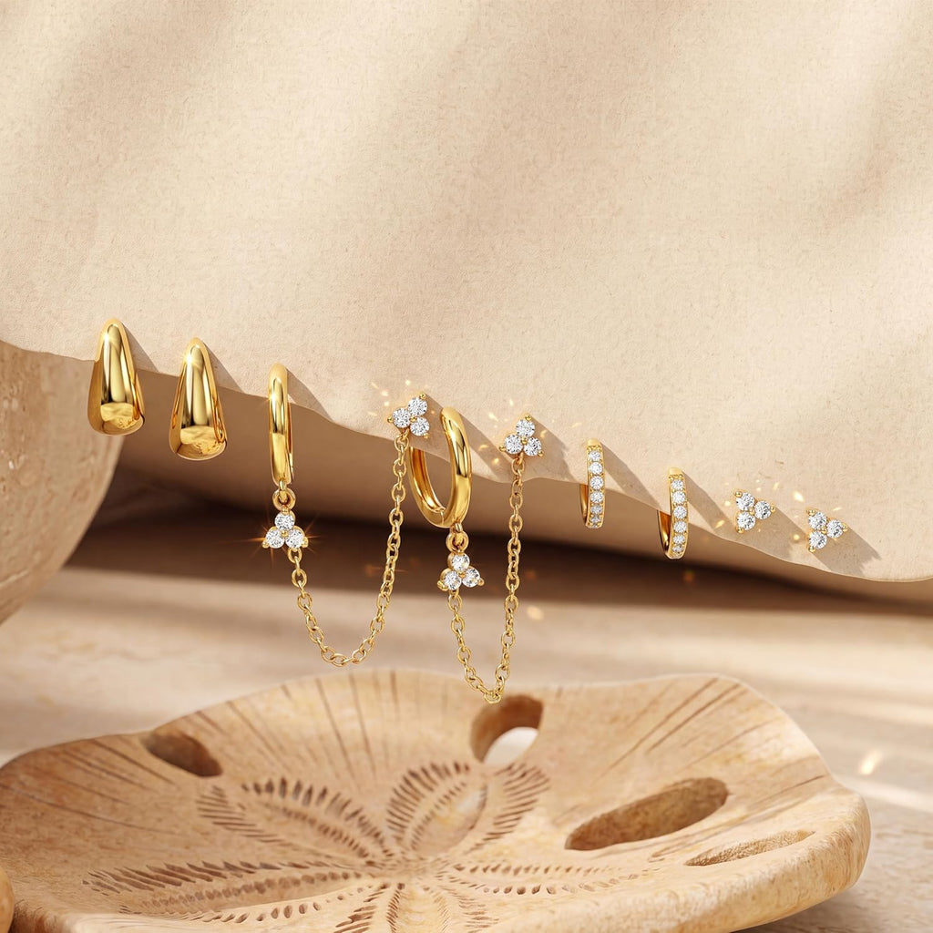 Gold Huggie Hoop Earrings Set for Women, 14K Gold Plated – view 6