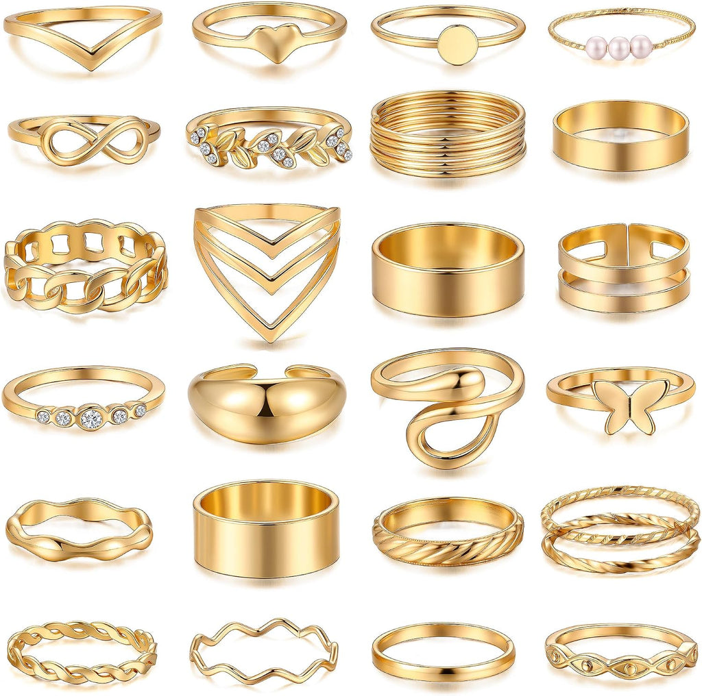 25 Pcs Gold Stackable Ring Set for Women, Chunky Knuckle Finger Midi Rings, Silver Simple Stacking Cute Rings Pack Trendy Stuff Jewelry Gift