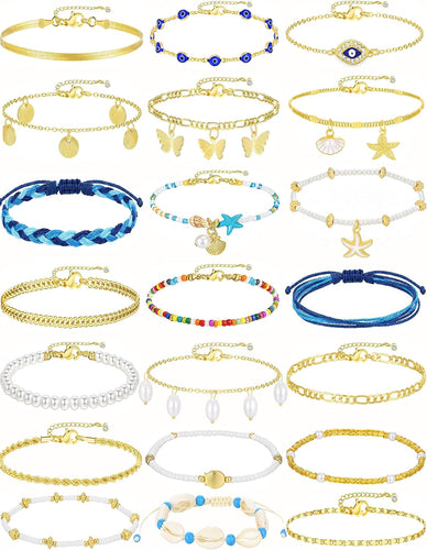 Gold Anklet Set — 21 Pieces, Adjustable Layered