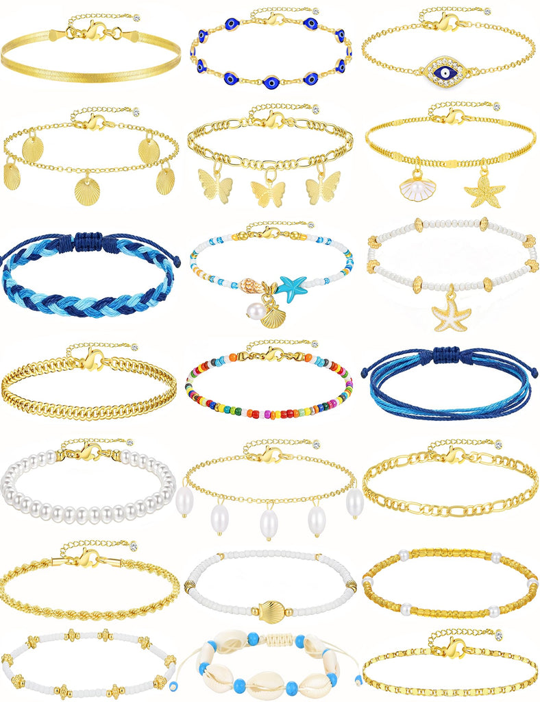 Gold Anklet Set — 21 Pieces, Adjustable Layered