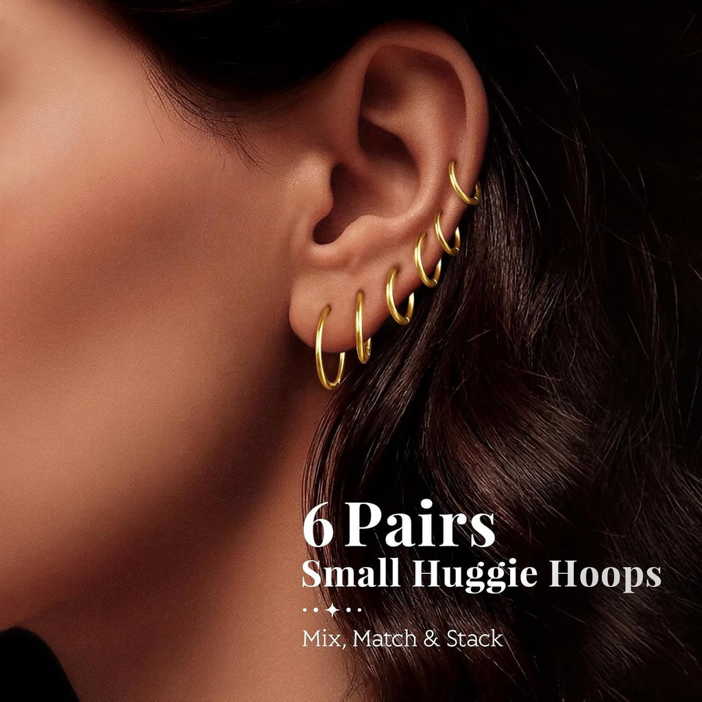 Gold Hoop Earrings — 6 Pairs, 14K Gold Plated Stainless Steel