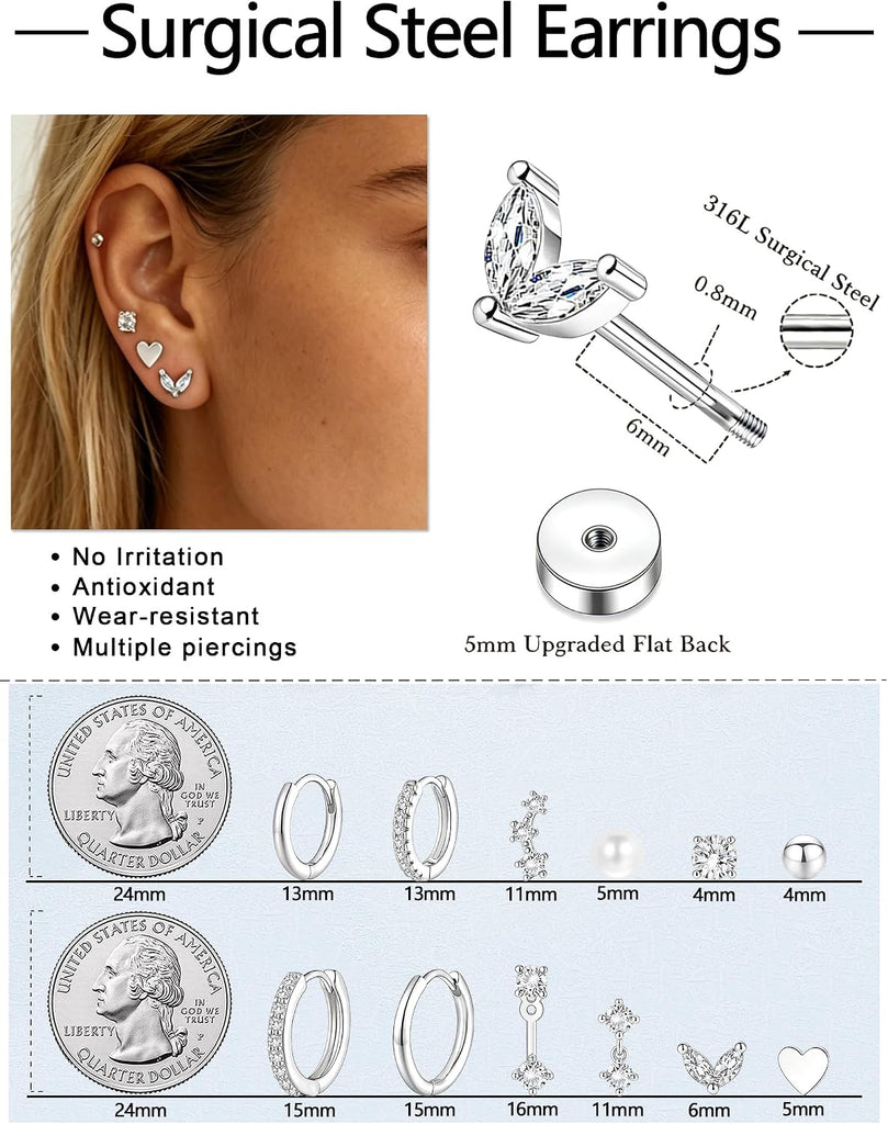Stainless Steel Flat Back Stud Earrings for Women Hypoallergenic