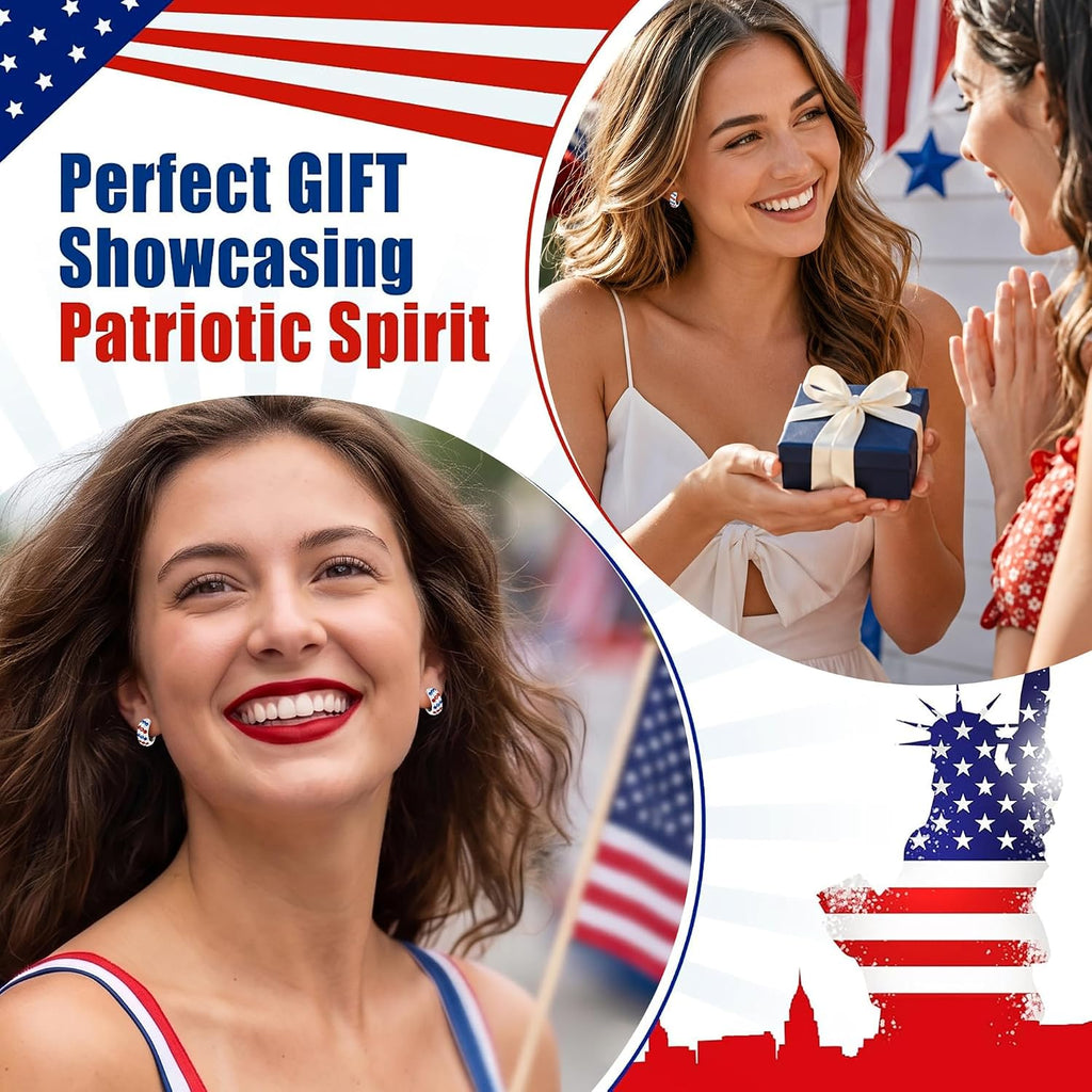 Red, White & Blue Hoop Earrings — Silver Tone, Cubic Zirconia