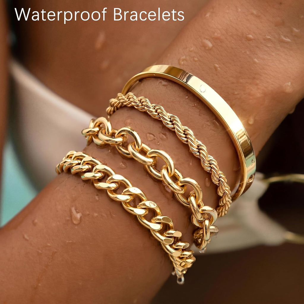 Chunky Gold Bracelets Stack for Women Non Tarnish, Waterproof 14K Gold Plated Bangle Cuff Bracelets Set for Women Trendy