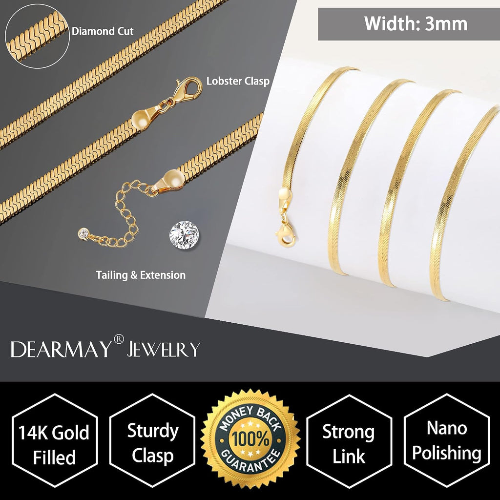 14K Gold Plated Herringbone Necklaces for Women, Non-Tarnish