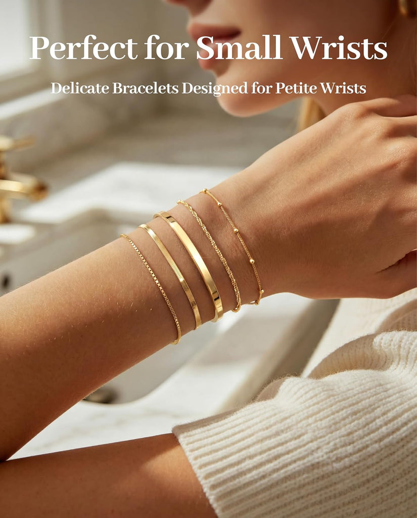 Dainty Gold Bracelet for Women Trendy , Thin Bracelets Stackable Set with Bangle Cuff, Box, Herringbone