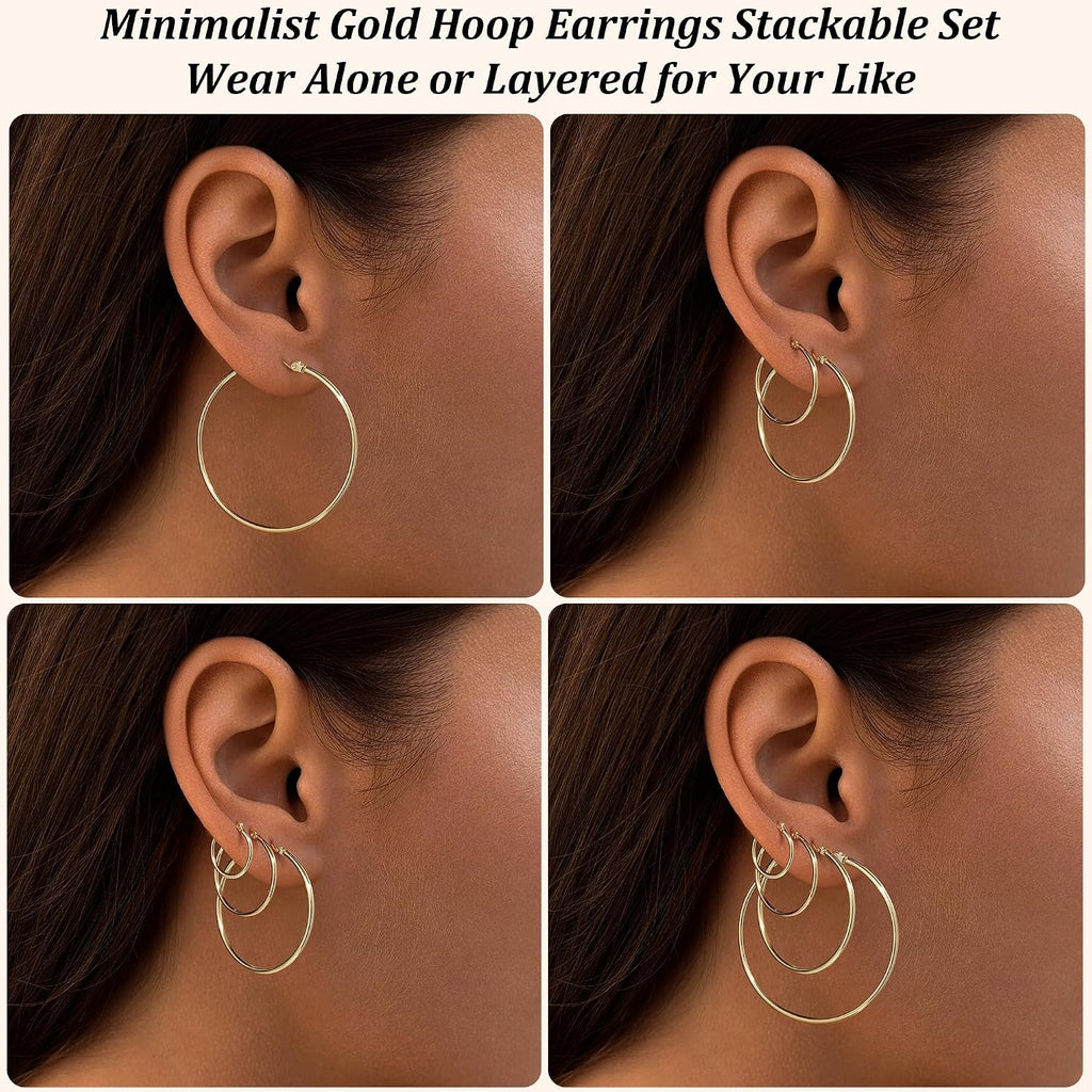Gold Hoop Earrings Set for Women,14k Gold Plated Gold Hoops with Sterling Silver Post Thin Hoop Gold Earrings