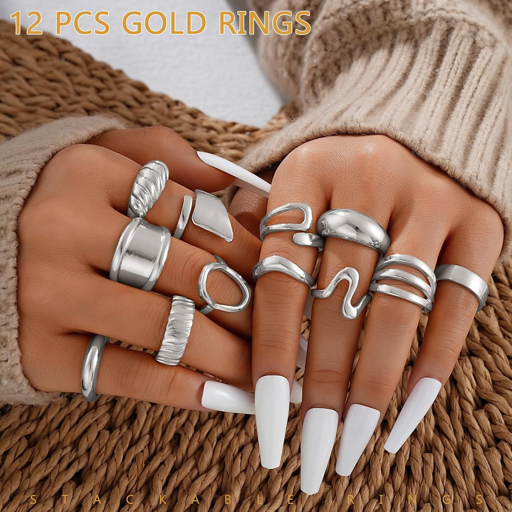 Silver Hoop Earrings & Chunky Rings — 18 Piece Set