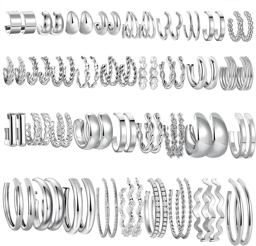 36 Pairs Gold Hoop Earrings Set for Women, Chunky Gold Earrings Multipack, Trendy Silver Hoop Earring Pack Jewelry