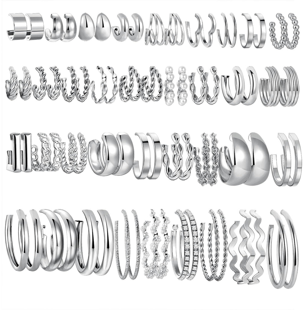 36 Pairs Gold Hoop Earrings Set for Women, Chunky Gold Earrings Multipack, Trendy Silver Hoop Earring Pack Jewelry