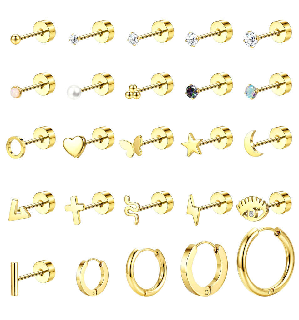 Flat Back Earrings — 25 Piece Set, 14K Plated Steel