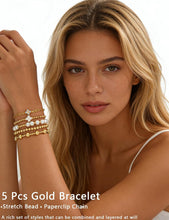 Load image into Gallery viewer, Gold Beaded Bracelet Set — 5 Pieces, Stretch Stack