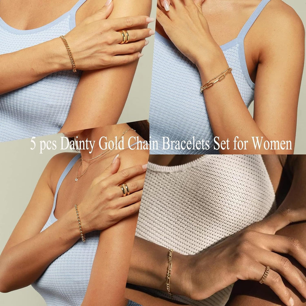Layered Bracelet Set — 5 Pieces, 14K Gold Plated