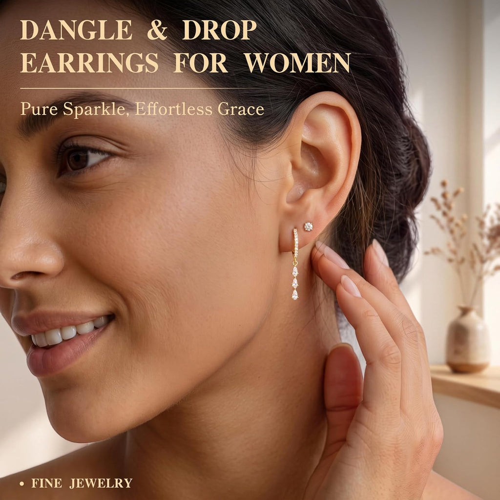Gold Dangle Drop Earrings for Women, Elegant Wedding Bridal Prom Jewelry, Trendy Hypoallergenic Small Diamond Crystal Huggie