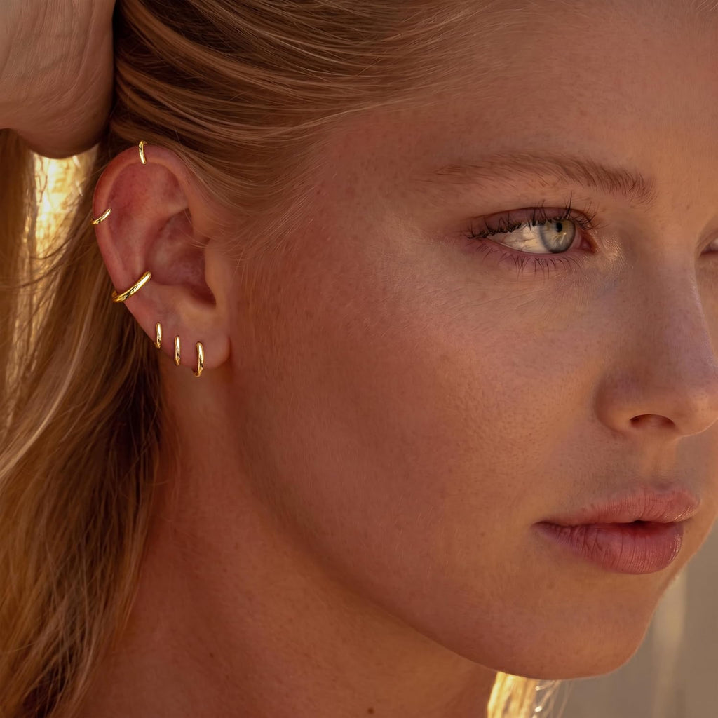 14K Gold Plated Huggie Hoop Earrings — Stacking Set, Hypoallergenic