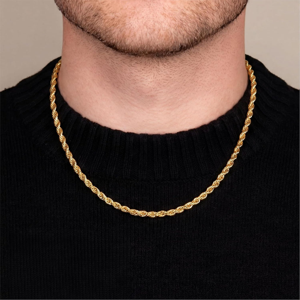 Rope Chain Necklace for Men Women, 316L Stainless Steel Twist Link Chain for Men, Gold Silver Black Tone, Hypoallergenic