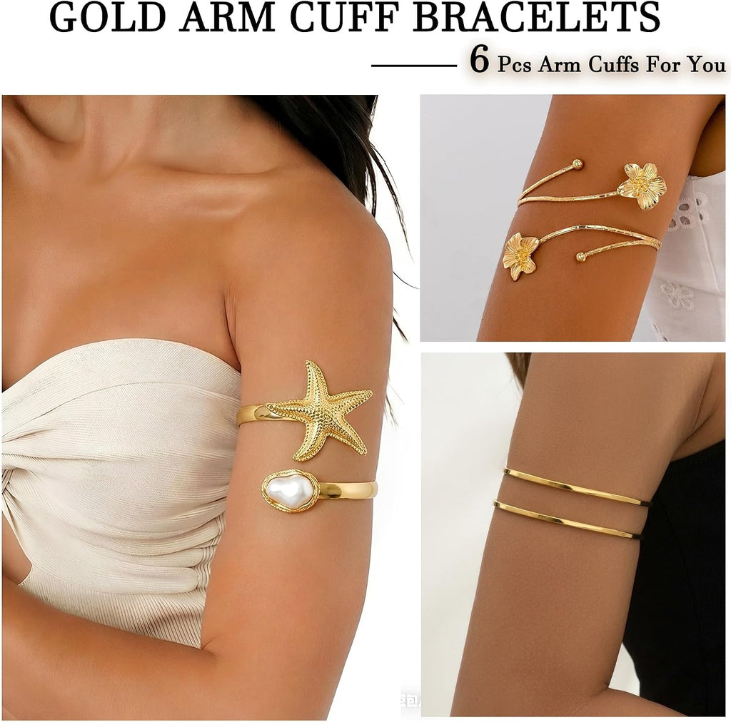 Boho Gold Arm Cuffs — 6 Piece Set, Adjustable Armlets
