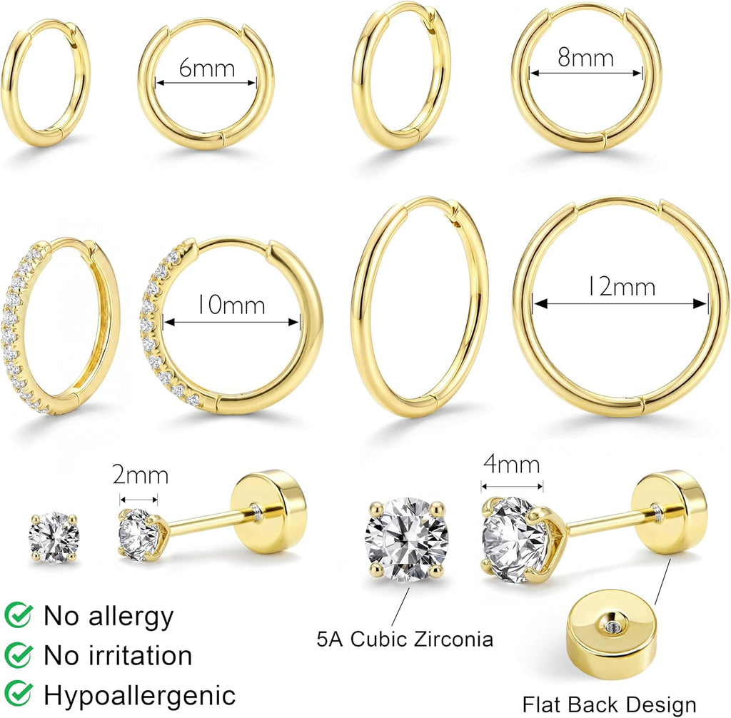 Small Gold Huggie Hoop Stud Earrings Set for Women Stack, Flat Back 316L Hypoallergenic 14K Plated Cartilage Helix Tragus Earrings for Multiple Piercings, Sleeper Earrings Cute 6 Pairs Jewelry Gifts
