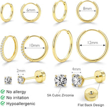 将图片加载到图库查看器，Small Gold Huggie Hoop Stud Earrings Set for Women Stack, Flat Back 316L Hypoallergenic 14K Plated Cartilage Helix Tragus Earrings for Multiple Piercings, Sleeper Earrings Cute 6 Pairs Jewelry Gifts