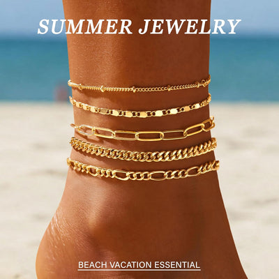 Layered Anklet Set — Cuban & Figaro Chain, Waterproof