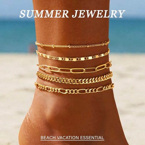 Layered Anklet Set — Cuban & Figaro Chain, Waterproof
