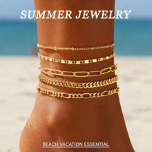 Load image into Gallery viewer, Ankle Bracelets for Women Waterproof, 14k Gold Plated Jewelry Set Layered Cuban Figaro Link Chain Anklets Set Gold Anklets