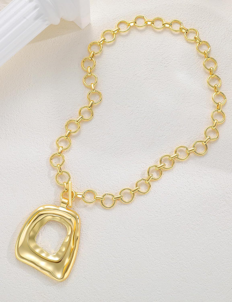 Chunky Gold Necklace for Women, 14K Gold Plated Boho Pendant Necklace