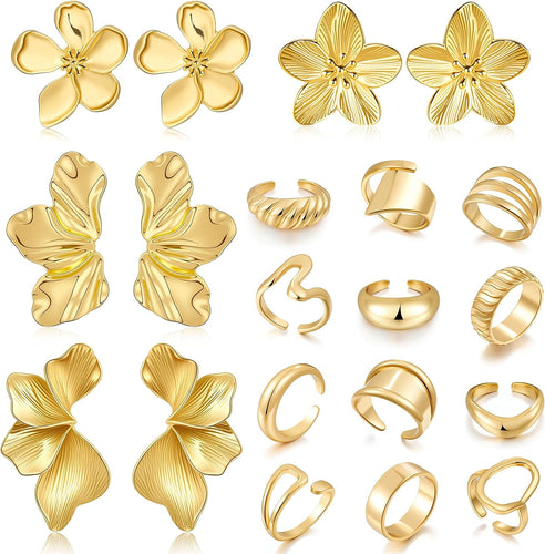Chunky Gold Rings & Flower Earrings — 16 Piece Set