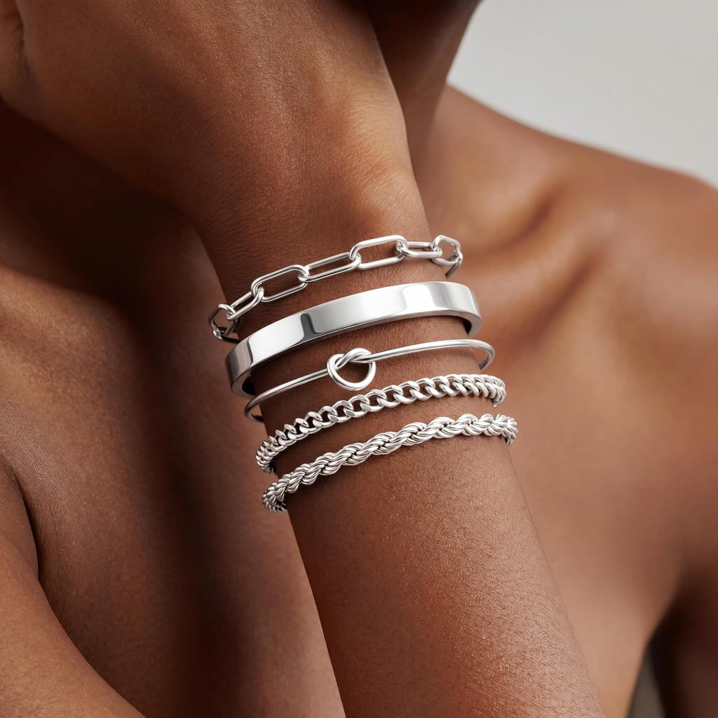 Sterling Silver Bangle Bracelet Set — Waterproof, Stackable