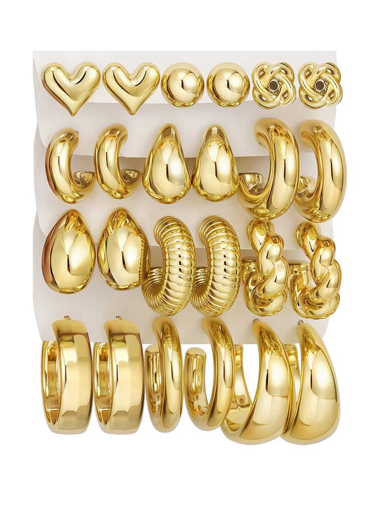Chunky Silver Hoop Earrings — 12 Pairs, Huggie Stack