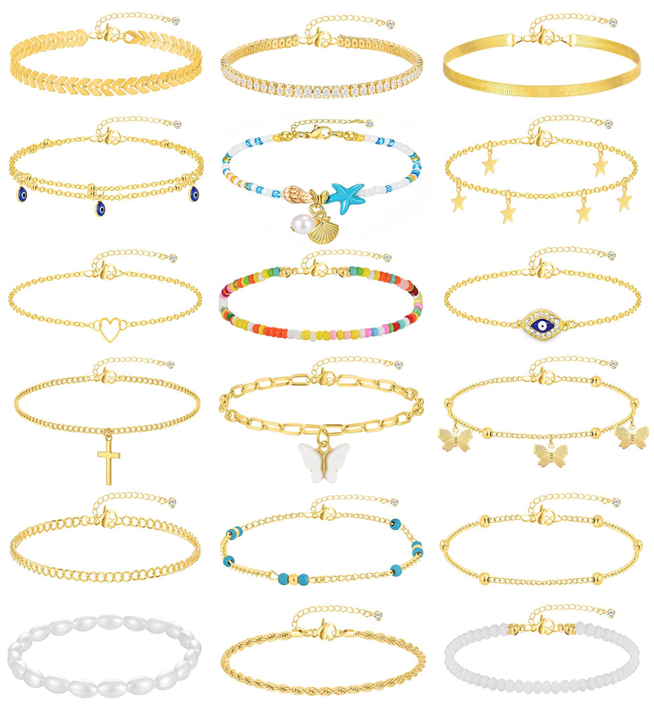 Gold Anklet Set — 21 Pieces, Adjustable Layered
