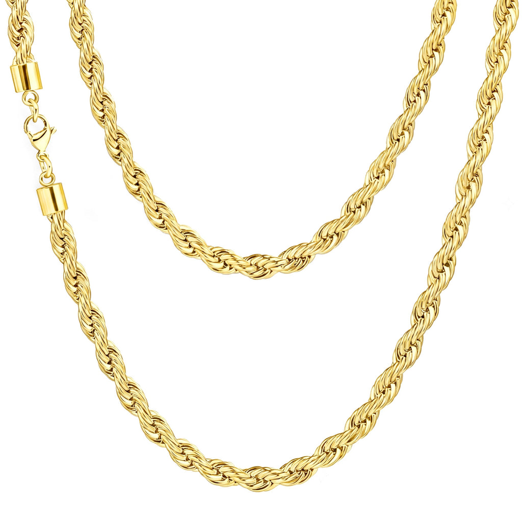 Rope Chain Necklace for Men Women, 316L Stainless Steel Twist Link Chain for Men, Gold Silver Black Tone, Hypoallergenic