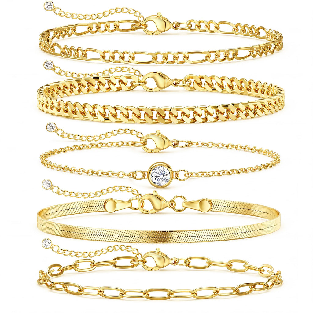Dainty Gold Bracelets for Women Waterproof, Stackable 14K Gold Plated Waterproof Rope Cuban Snake Paperclip Figaro Link
