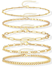 Load image into Gallery viewer, Ankle Bracelets for Women Waterproof, 14k Gold Plated Jewelry Set Layered Cuban Figaro Link Chain Anklets Set Gold Anklets