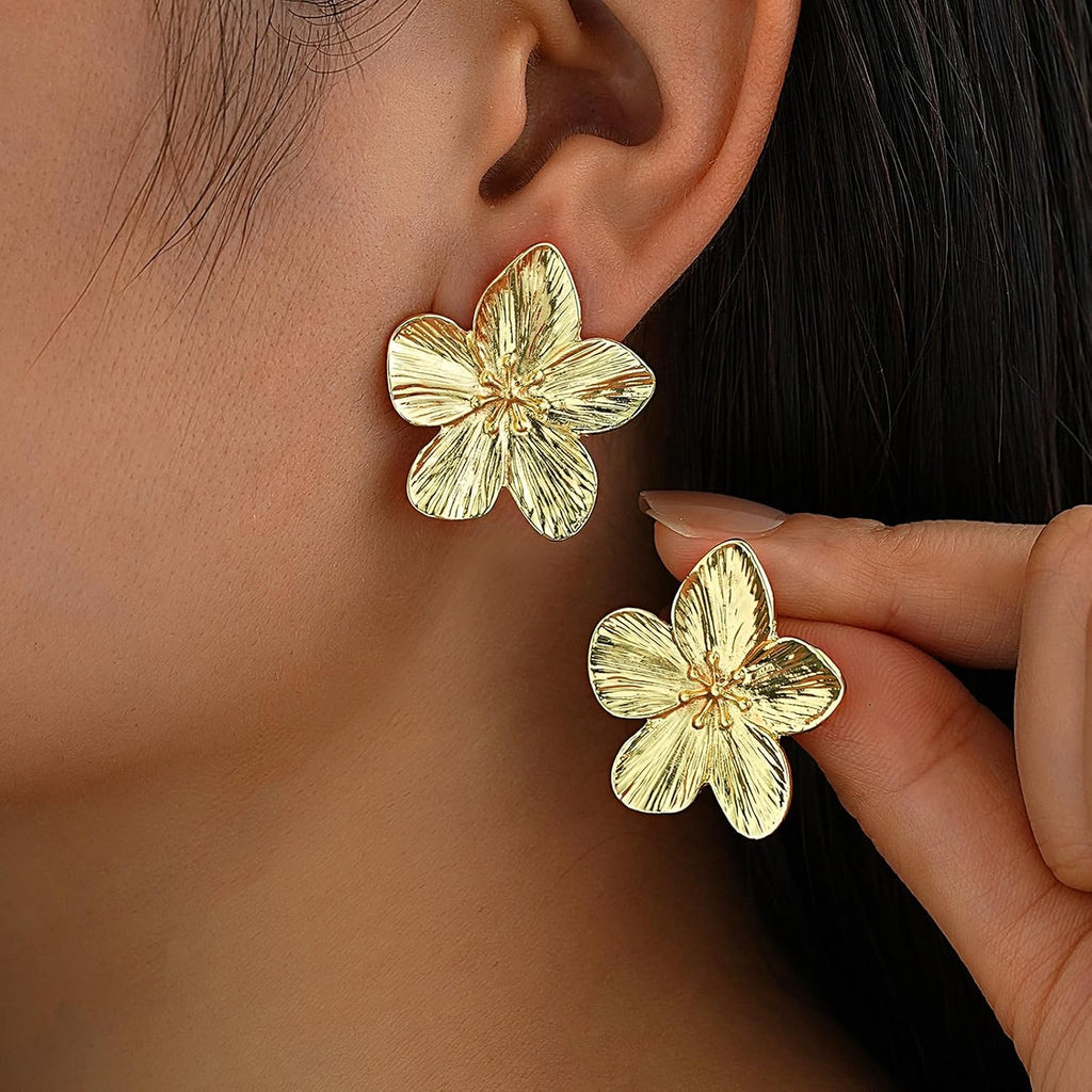 Chunky Gold Flower Dangle Earrings for Women, Gold Plated Irregular Leaf Floral Big Statement Earrings Set – alternate view