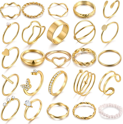 25 Pcs Gold Rings Set for Women, Thin Stackable Knuckle Finger Midi Rings, Simple Stacking Cute Ring Pack Trendy Stuff Jewelry Gift