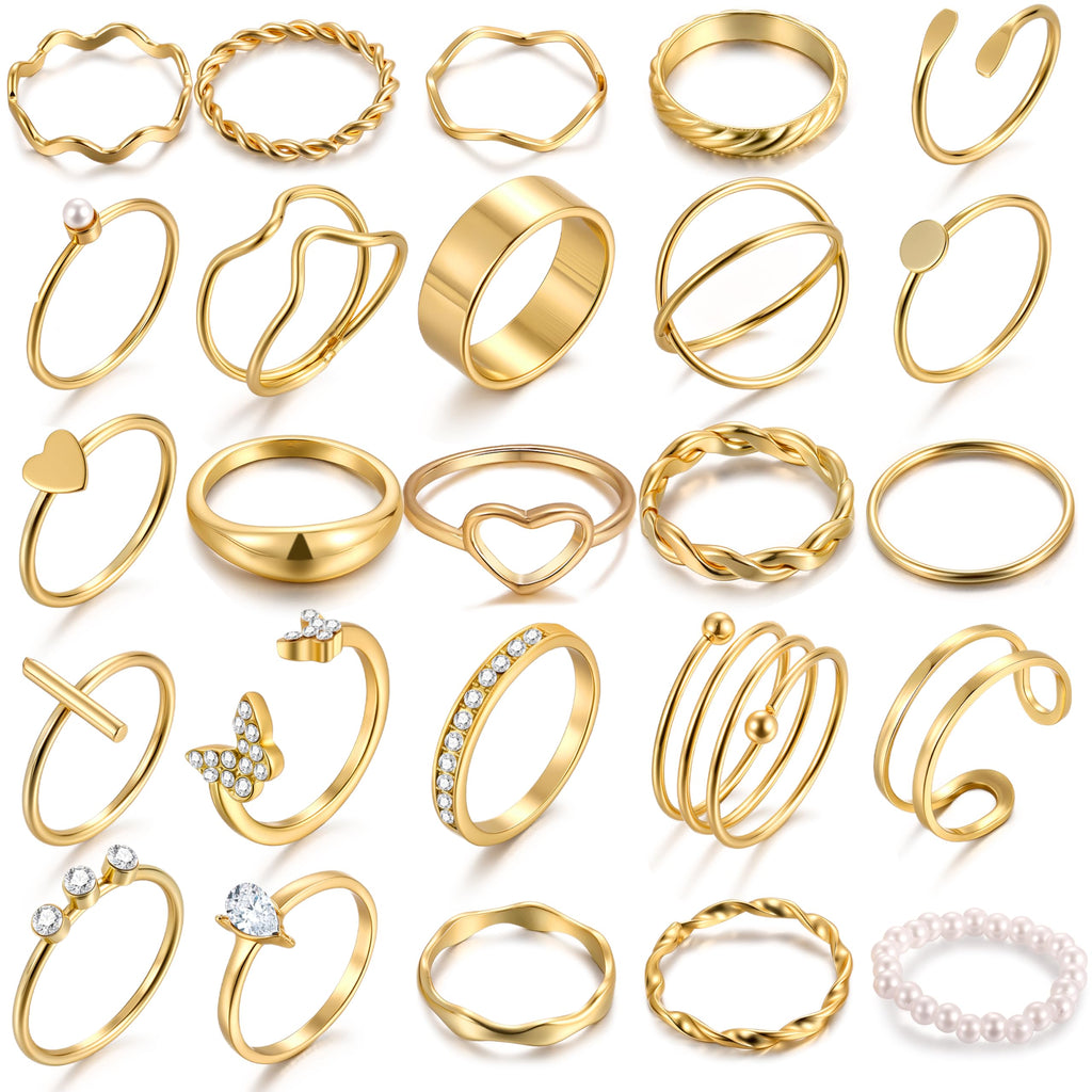 25 Pcs Gold Rings Set for Women, Thin Stackable Knuckle Finger Midi Rings, Simple Stacking Cute Ring Pack Trendy Stuff Jewelry Gift
