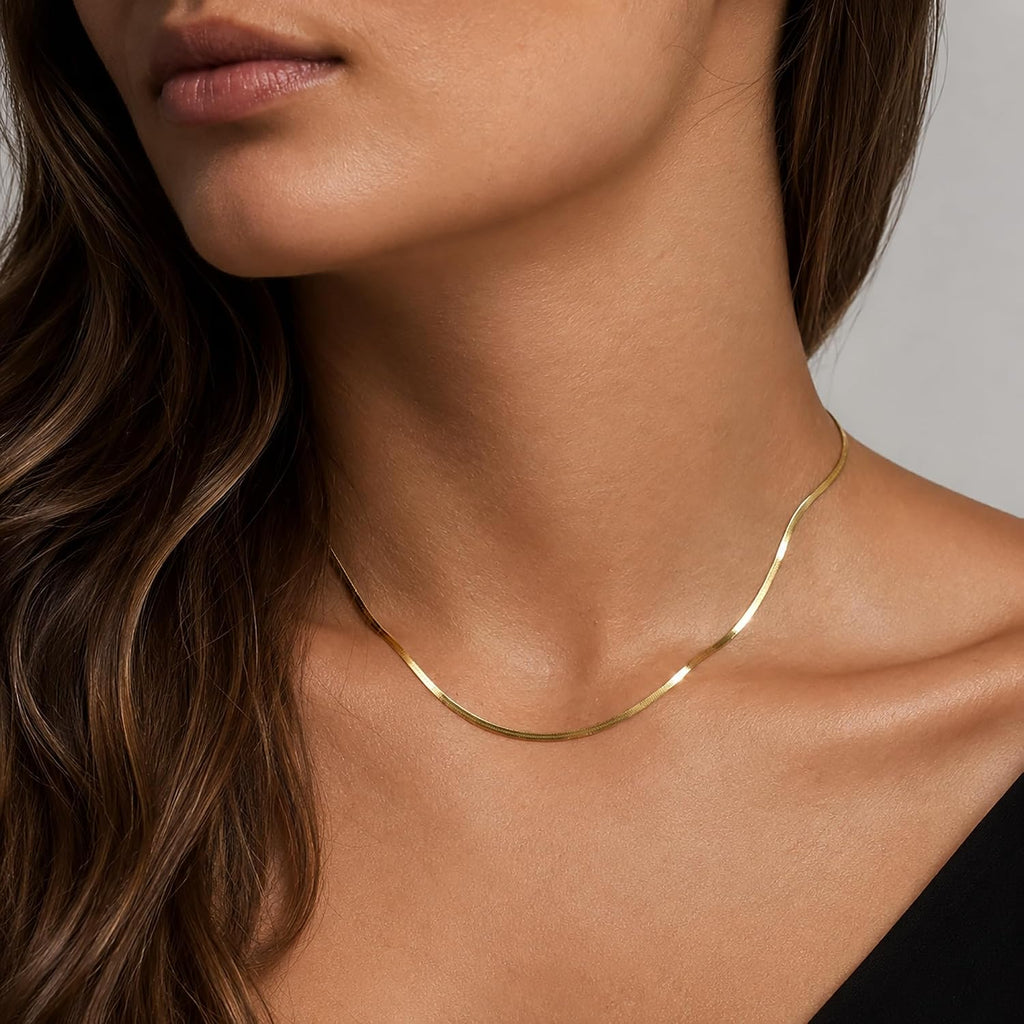 14K Gold Silver Plated Herringbone Necklace for Women, Non-Tarnish