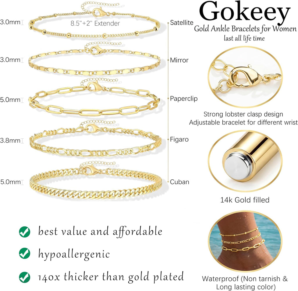 Layered Anklet Set — Cuban & Figaro Chain, Waterproof
