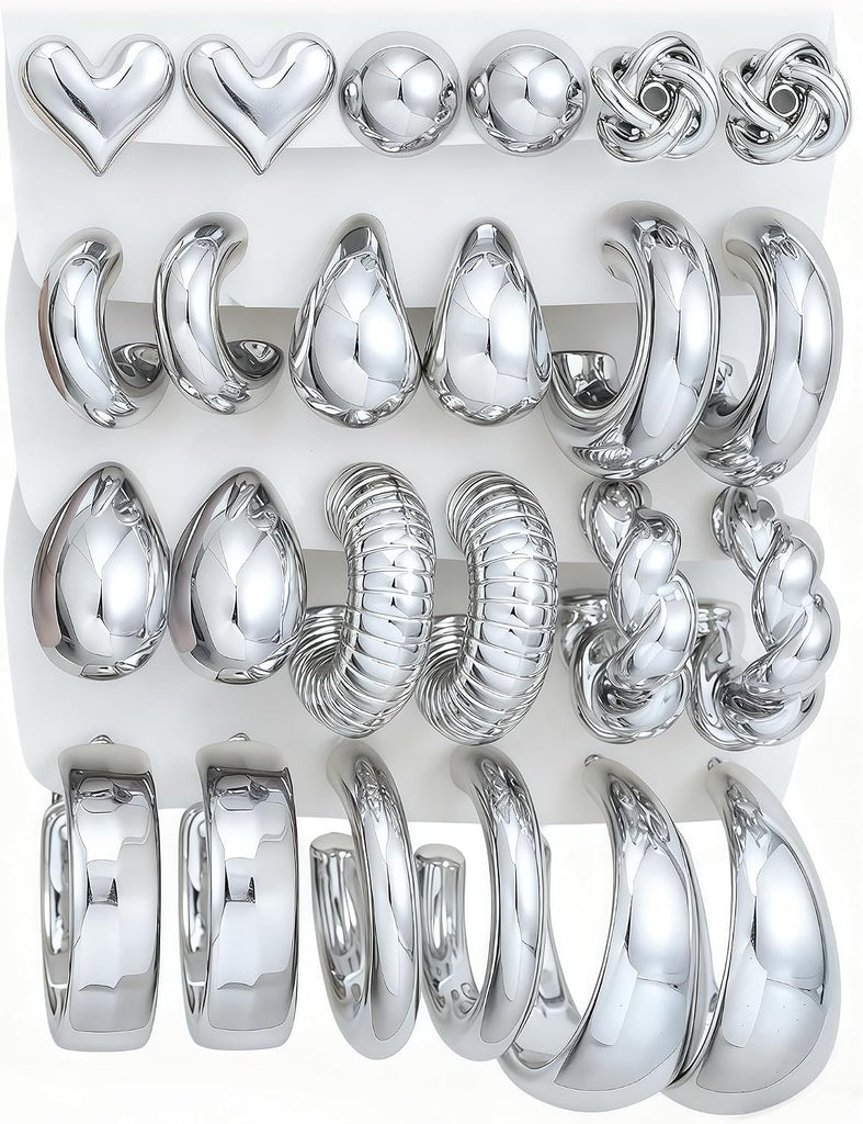 12 Pairs Chunky Silver Hoop Earrings for Women Trendy, Silver Plated Lightweight Thick Open Twisted Stack, Non Tarnish Huggie Hoops Earring Set