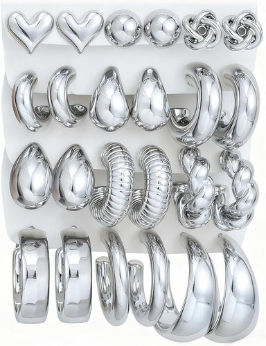 12 Pairs Chunky Silver Hoop Earrings for Women Trendy, Silver Plated Lightweight Thick Open Twisted Stack, Non Tarnish Huggie Hoops Earring Set