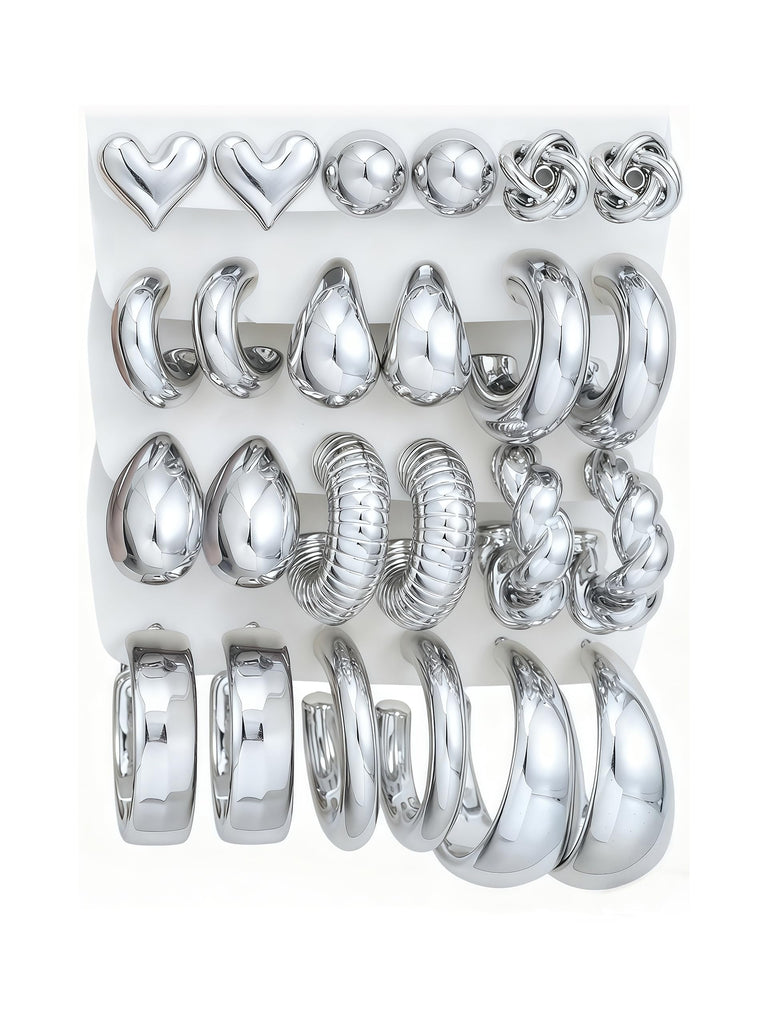 12 Pairs Chunky Silver Hoop Earrings for Women Trendy, Silver Plated Lightweight Thick Open Twisted Stack, Non Tarnish Huggie Hoops Earring Set