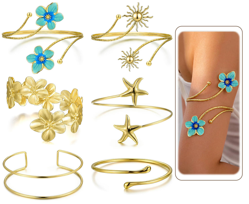 Boho Gold Arm Cuffs — 6 Piece Set, Adjustable Armlets