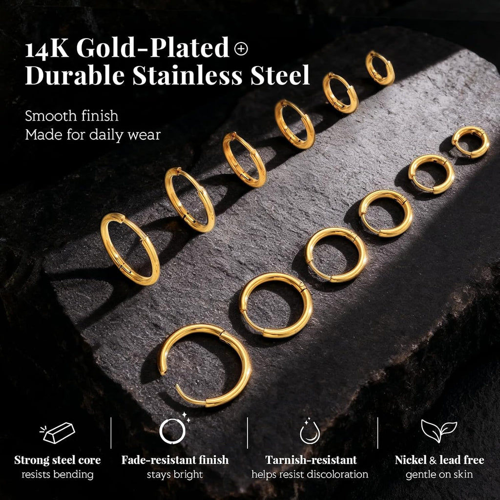 Gold Hoop Earrings — 6 Pairs, 14K Gold Plated Stainless Steel