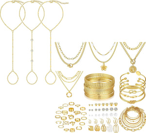 78-Piece Gold Jewelry Set with 3 Hand Chain Bracelets