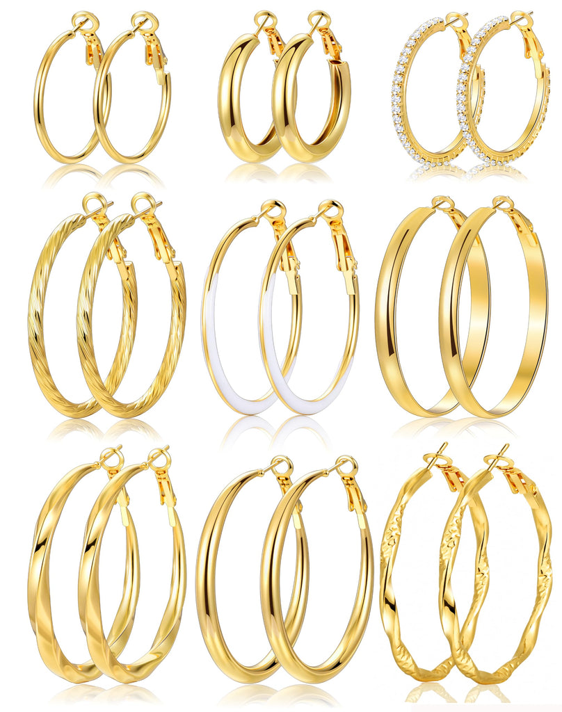Gold Hoop Earrings Set — 12 Pairs, Lightweight Mixed Styles